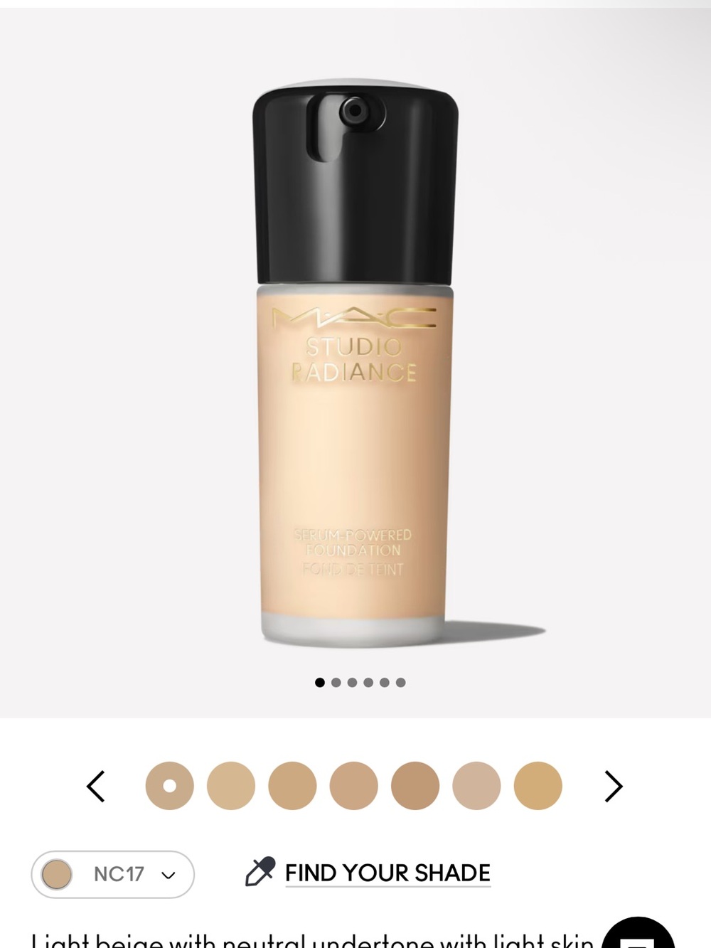 MAC Cosmetics Studio Radiance Foundation — Light Beige (NC17)